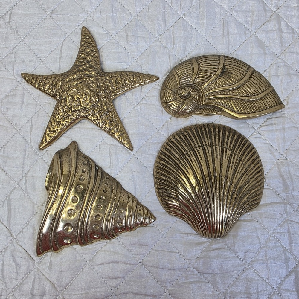 Vintage MCM Solid Brass Sea Shells Starfish Wall Hanging Decor Set of 4 Art Deco